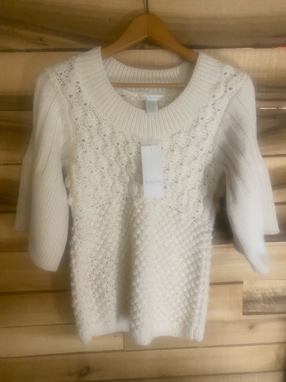 NWT Design History Cream Cable & Honeycomb Short Sleeve Sweater pearl XL